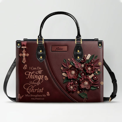 Custom Name Christian Leather Handbag by CHRISTIANARTBAG | I Can Do All Things Shoulder Bag, Religious Floral Gift for Her CAB01070126