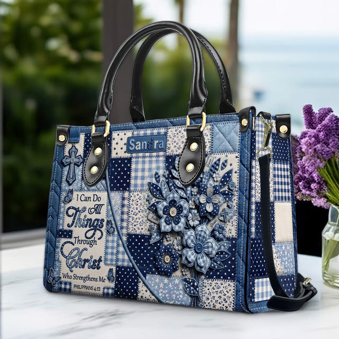 CHRISTIANARTBAG | Personalized Leather Handbag - Custom Name & Color Blue Patchwork Bible Verse Tote Bag Philippians 4 13