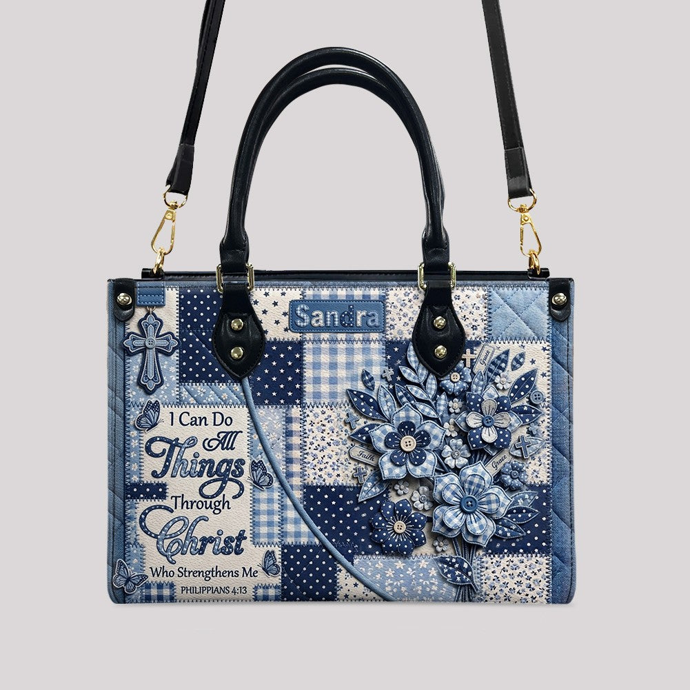CHRISTIANARTBAG | Personalized Leather Handbag - Custom Name & Color Blue Patchwork Bible Verse Tote Bag Philippians 4 13