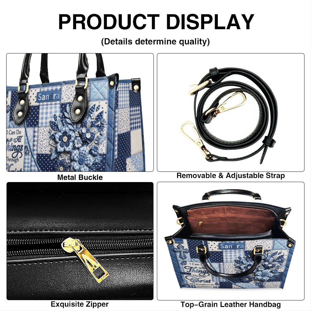 CHRISTIANARTBAG | Personalized Leather Handbag - Custom Name & Color Blue Patchwork Bible Verse Tote Bag Philippians 4 13