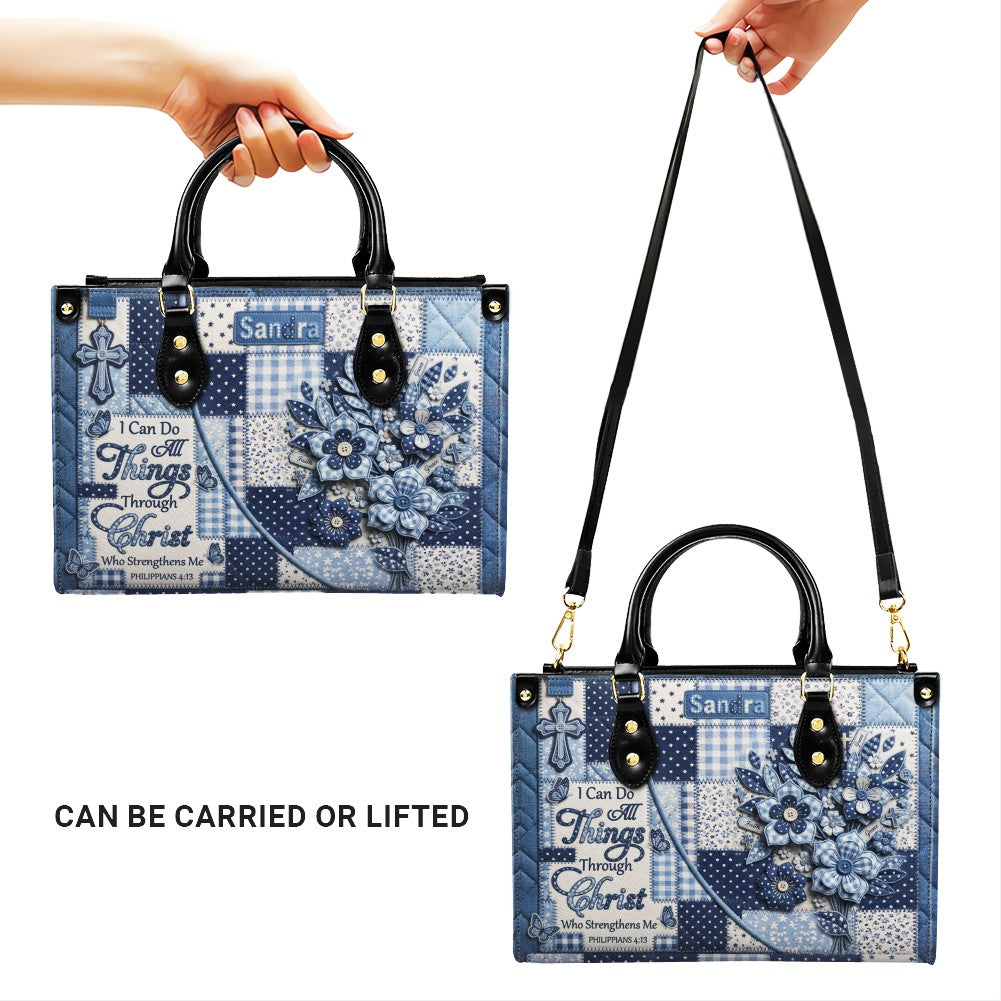 CHRISTIANARTBAG | Personalized Leather Handbag - Custom Name & Color Blue Patchwork Bible Verse Tote Bag Philippians 4 13
