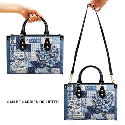 CHRISTIANARTBAG | Personalized Leather Handbag - Custom Name & Color Blue Patchwork Bible Verse Tote Bag Philippians 4 13