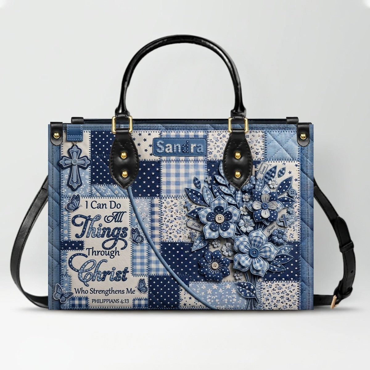 CHRISTIANARTBAG | Personalized Leather Handbag - Custom Name & Color Blue Patchwork Bible Verse Tote Bag Philippians 4 13