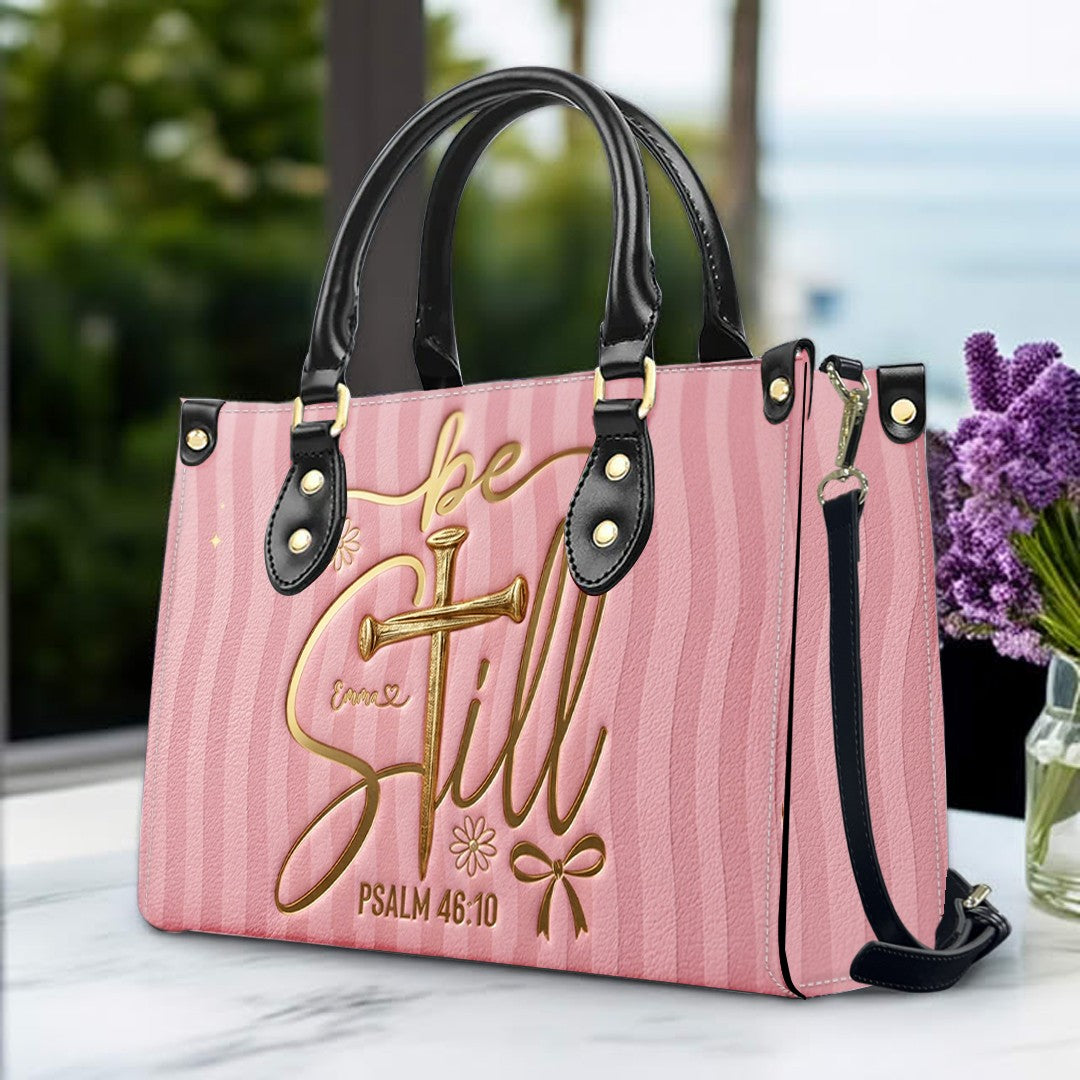 Personalized Be Still Psalm 46:10 Cross Leather Handbag for Women - CHRISTIANARTBAG | Custom Faith Purse in Pink CAB01100526