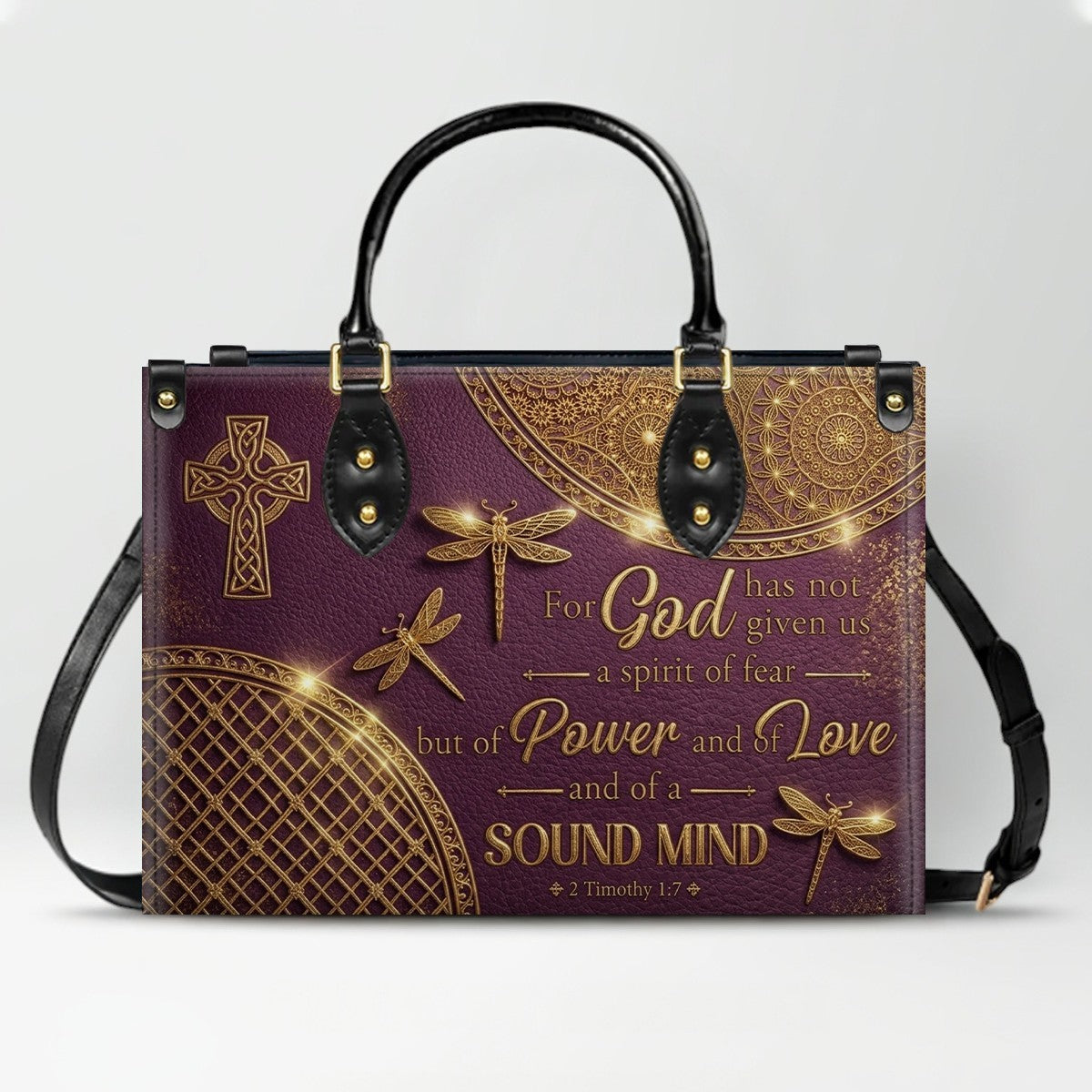 Personalized Leather Handbag | Custom Cross & Dragonfly Design - Gold Line Art - Religious Gift for Women - 2 Timothy 1:7 Scripture | CHRISTIANARTBAG CAB0171526