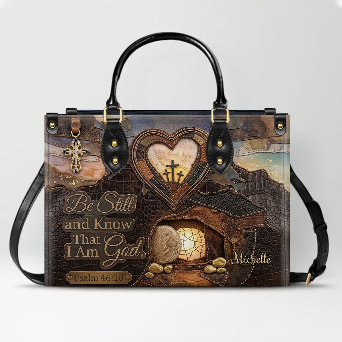 CHRISTIANARTBAG Personalized Leather Handbag with Custom Name & Scripture - Be Still and Know That I Am God | CHRISTIANARTBAG™ CAB017626
