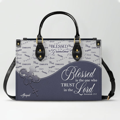 Personalized Leather Handbag – Blessed Grandma Purse with Grandkids' Names Background, Christian Bible Verse Bag, CHRISTIANARTBAG Gift for Women