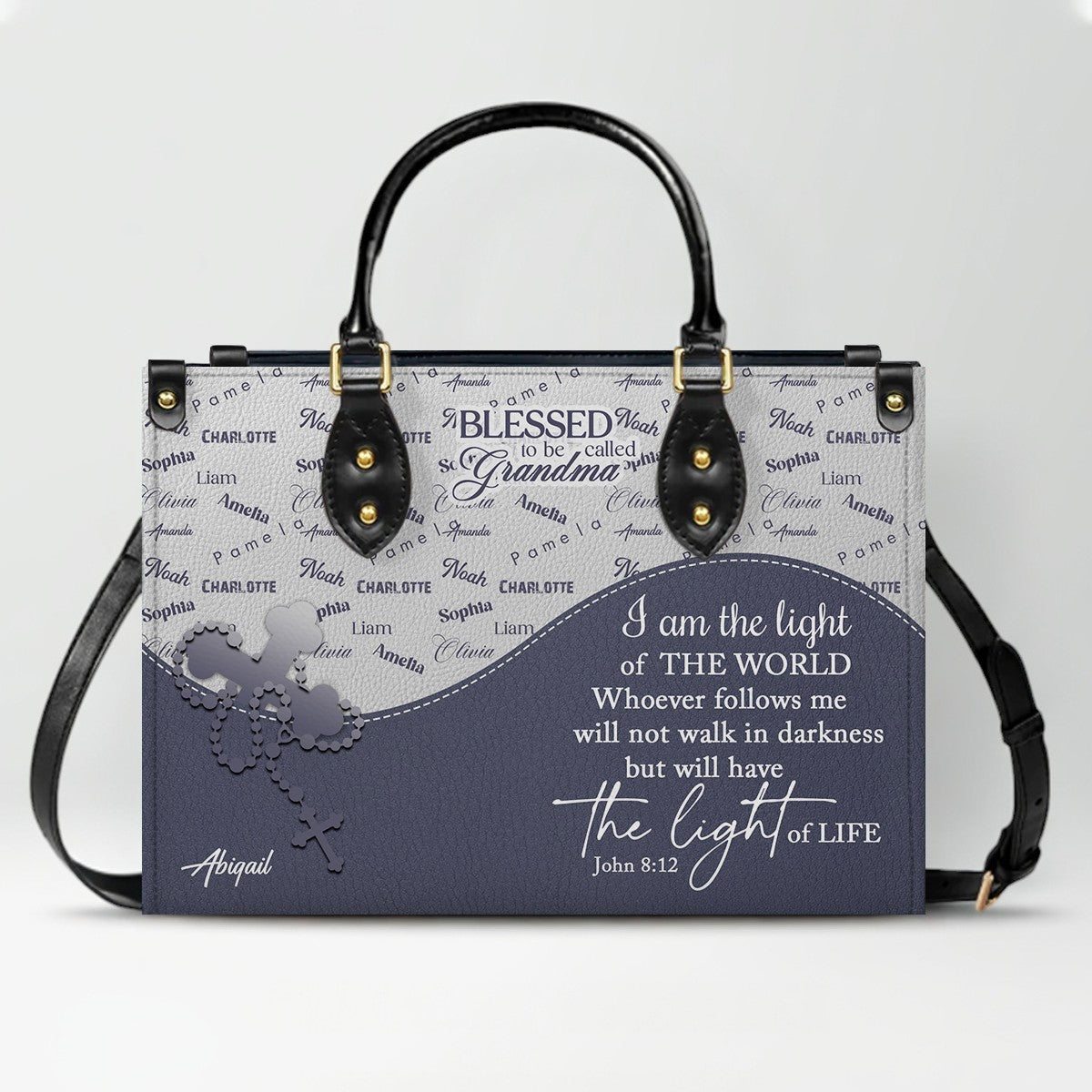 Personalized Leather Handbag – Blessed Grandma Purse with Grandkids' Names Background, Christian Bible Verse Bag, CHRISTIANARTBAG Gift for Women
