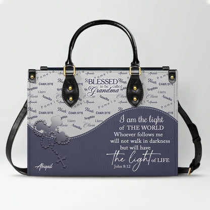 Personalized Leather Handbag – Blessed Grandma Purse with Grandkids' Names Background, Christian Bible Verse Bag, CHRISTIANARTBAG Gift for Women
