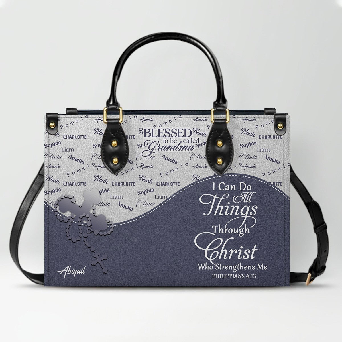 Personalized Leather Handbag – Blessed Grandma Purse with Grandkids' Names Background, Christian Bible Verse Bag, CHRISTIANARTBAG Gift for Women