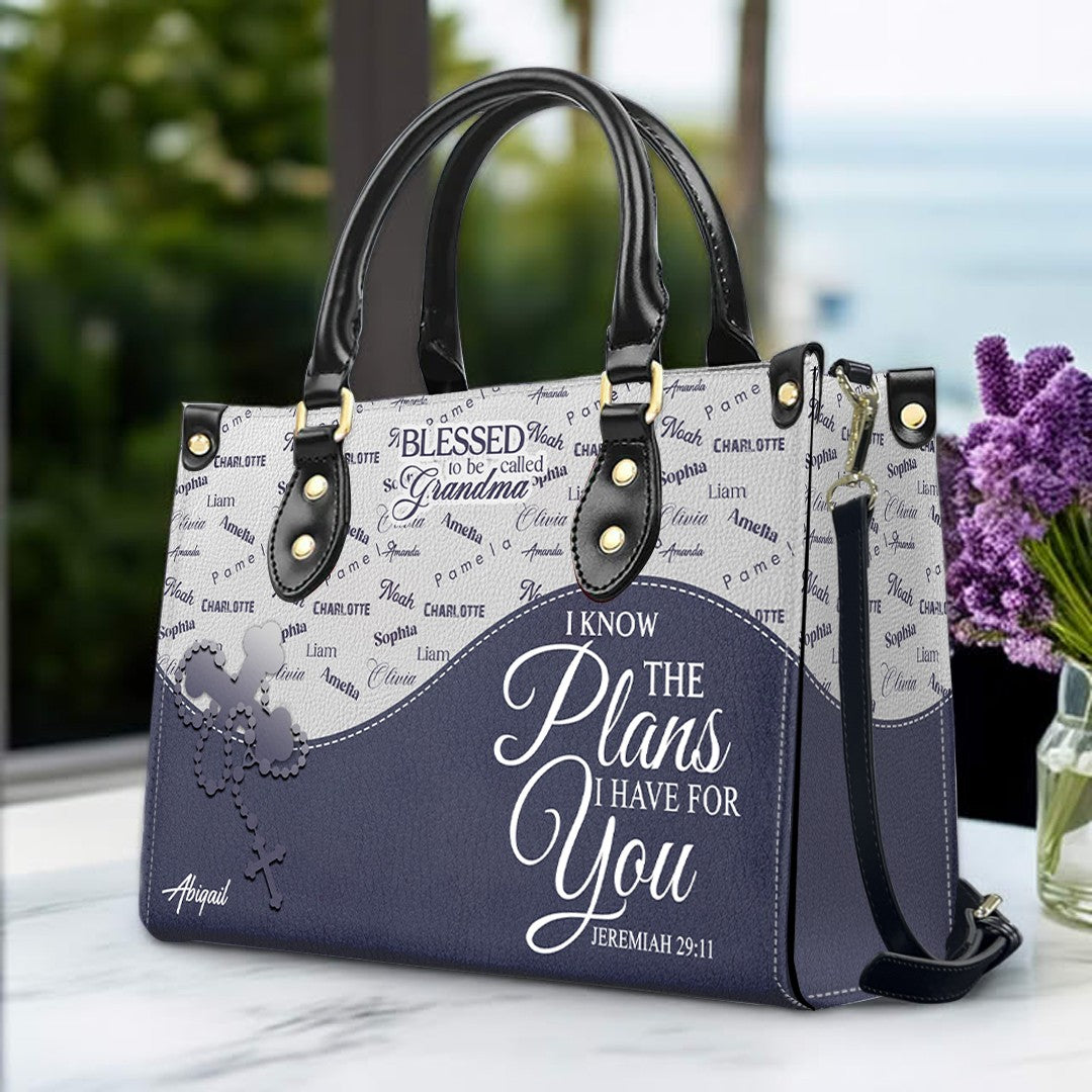 Personalized Leather Handbag – Blessed Grandma Purse with Grandkids' Names Background, Christian Bible Verse Bag, CHRISTIANARTBAG Gift for Women