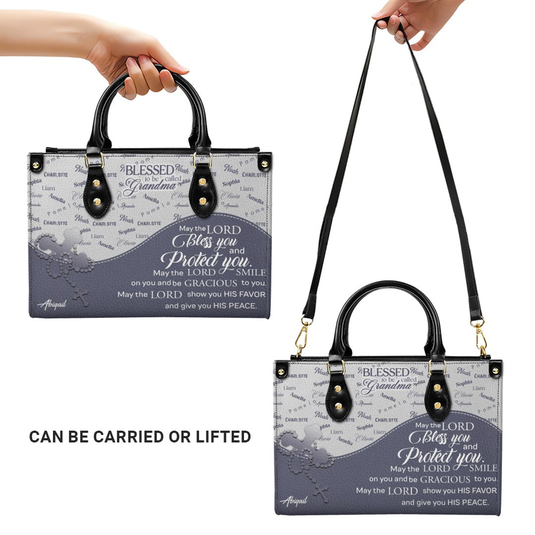 Personalized Leather Handbag – Blessed Grandma Purse with Grandkids' Names Background, Christian Bible Verse Bag, CHRISTIANARTBAG Gift for Women