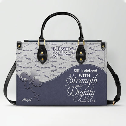 Personalized Leather Handbag – Blessed Grandma Purse with Grandkids' Names Background, Christian Bible Verse Bag, CHRISTIANARTBAG Gift for Women