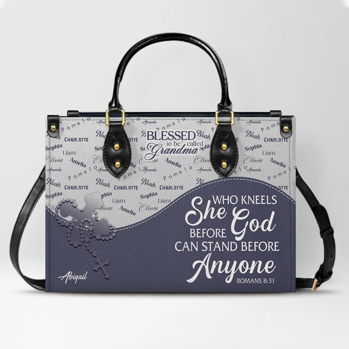 Personalized Leather Handbag – Blessed Grandma Purse with Grandkids' Names Background, Christian Bible Verse Bag, CHRISTIANARTBAG Gift for Women
