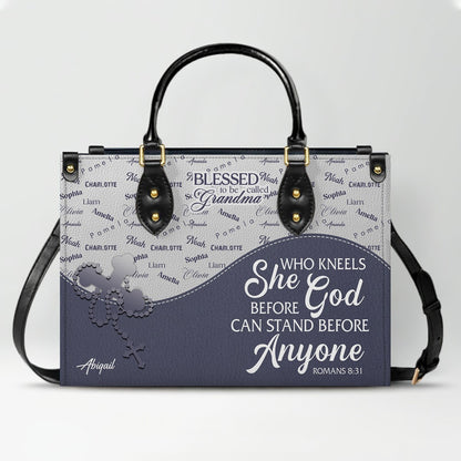Personalized Leather Handbag – Blessed Grandma Purse with Grandkids' Names Background, Christian Bible Verse Bag, CHRISTIANARTBAG Gift for Women