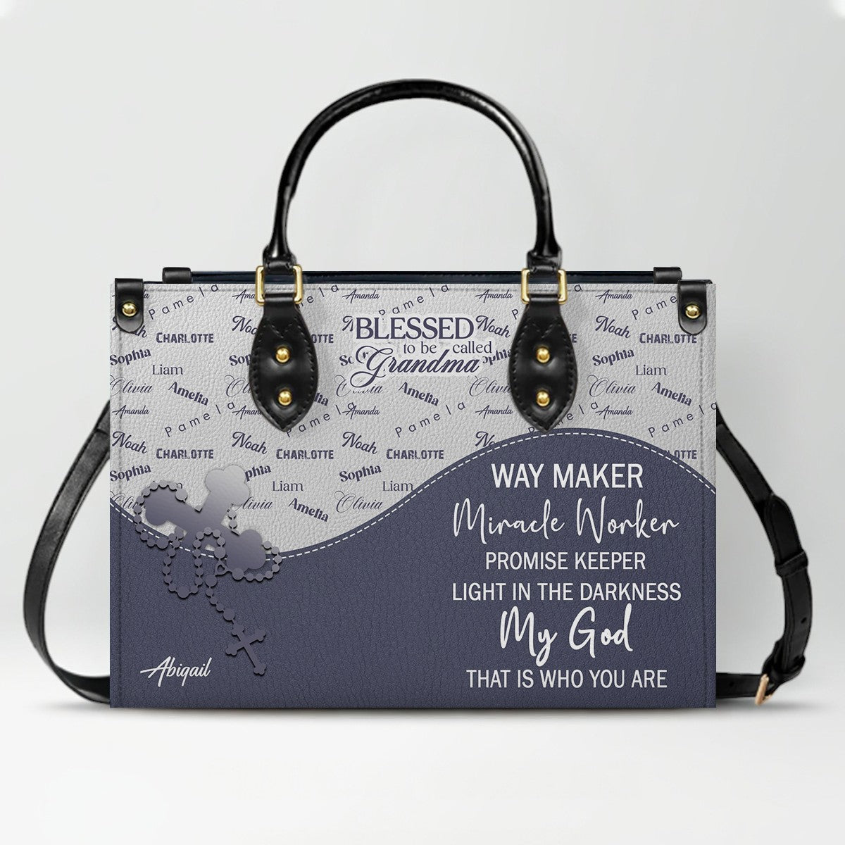 Personalized Leather Handbag – Blessed Grandma Purse with Grandkids' Names Background, Christian Bible Verse Bag, CHRISTIANARTBAG Gift for Women