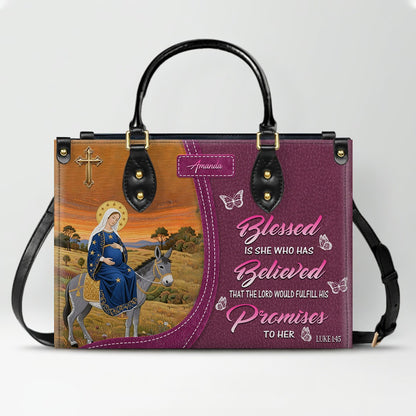 Personalized Leather Handbag for Women - Blessed Mother Art - Saffron Brown Tote by CHRISTIANARTBAG CAB01122325