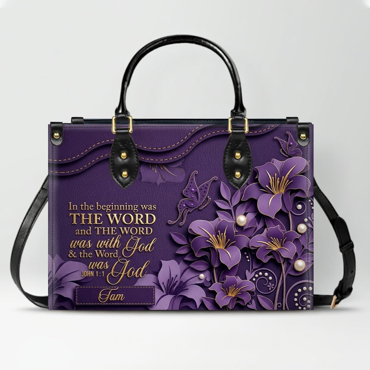 Custom Christian Leather Handbag with Name – John 1:1 Scripture Floral Purse | CHRISTIANARTBAG CA01100726
