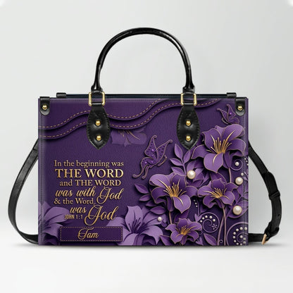 Custom Christian Leather Handbag with Name – John 1:1 Scripture Floral Purse | CHRISTIANARTBAG CA01100726