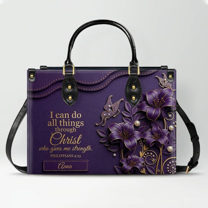 Personalized Leather Handbag - Custom Name Christian Bible Verse Philippians 4:13 Floral Butterfly Tote Bag | CHRISTIANARTBAG CA02100926