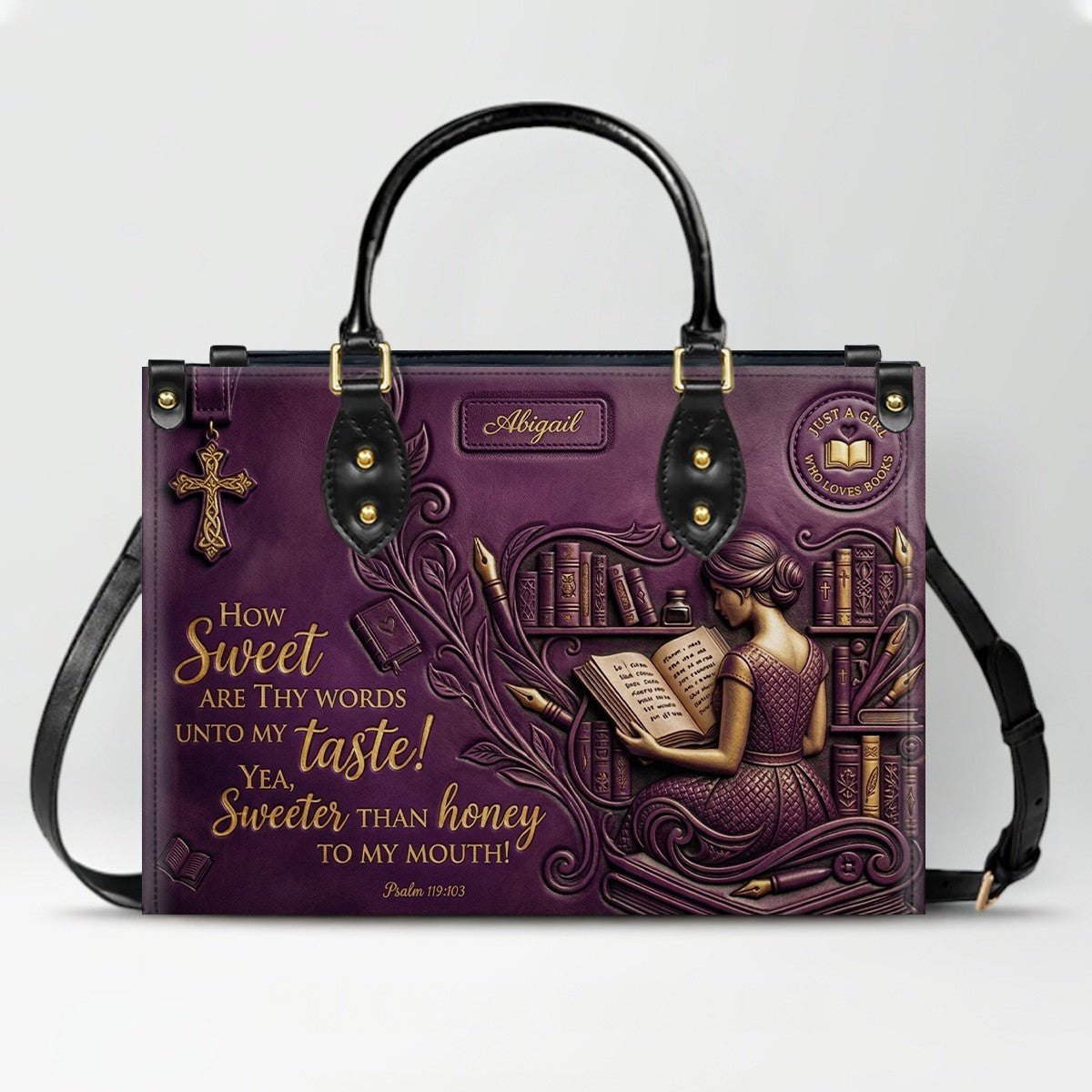 Personalized Bible Verse Leather Handbag | Scripture Psalm 119:103 Book Lover Gift | Just A Girl Who Loves Books Tote | CHRISTIANARTBAG 01072026