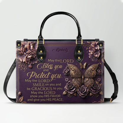 CHRISTIANARTBAG Personalized Leather Handbag, Custom Name & Color, "May The Lord Bless You" Butterfly & Floral Design, Luxury Christian Tote Bag CAB01072226