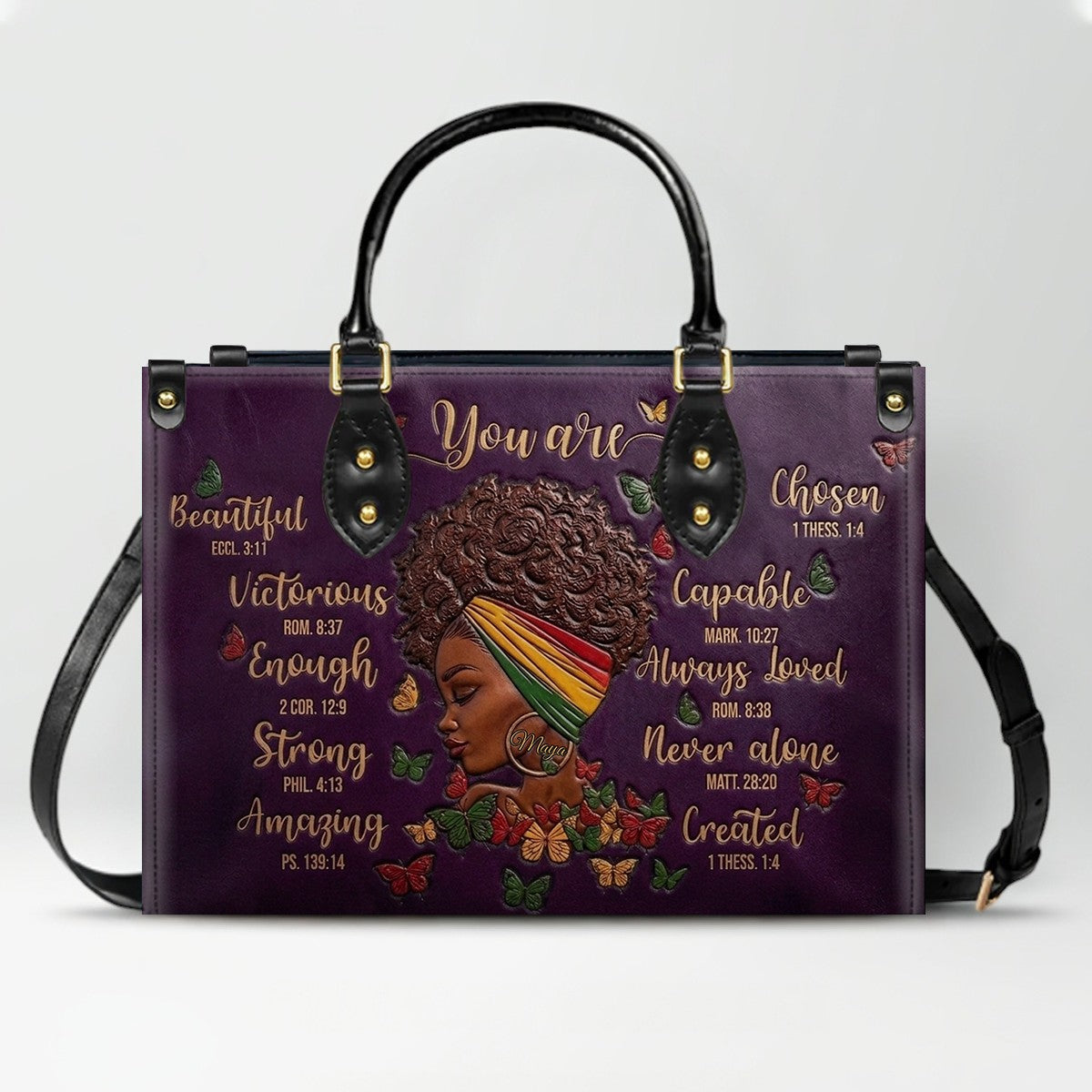 CHRISTIANARTBAG Personalized Leather Handbag - Custom Maya Green | African American Christian Gifts "You Are Beautiful" Bible Verse Shoulder Bag