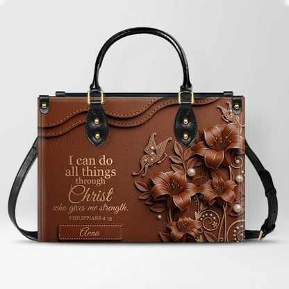 Personalized Leather Handbag - Custom Name Christian Bible Verse Philippians 4:13 Floral Butterfly Tote Bag | CHRISTIANARTBAG CA02100926