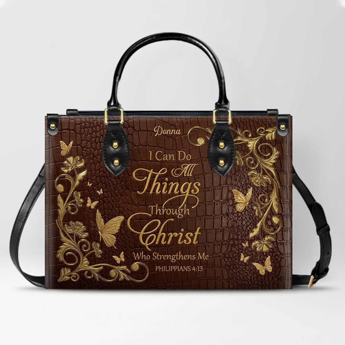 CHRISTIANARTBAG™ Personalized Leather Handbag - Custom Name "I Can Do All Things Through Christ" Philippians 4:13 Bible Verse Tote Purse