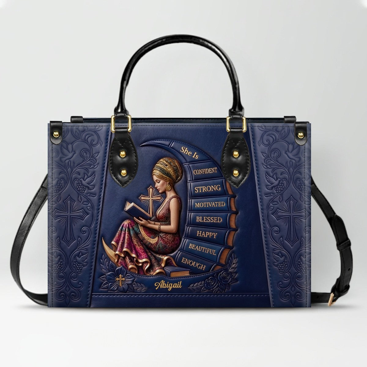Personalized Leather Handbag for Christian Women - Custom Name, Skin Tone & Color "She Is" Affirmation Tote Bag | CHRISTIANARTBAG 01080326
