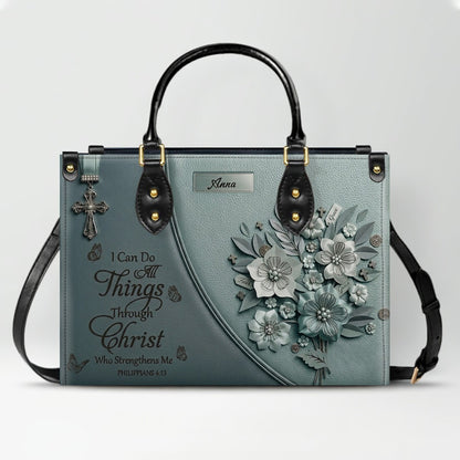 Custom Name Christian Leather Handbag by CHRISTIANARTBAG | I Can Do All Things Shoulder Bag, Religious Floral Gift for Her CAB01070126