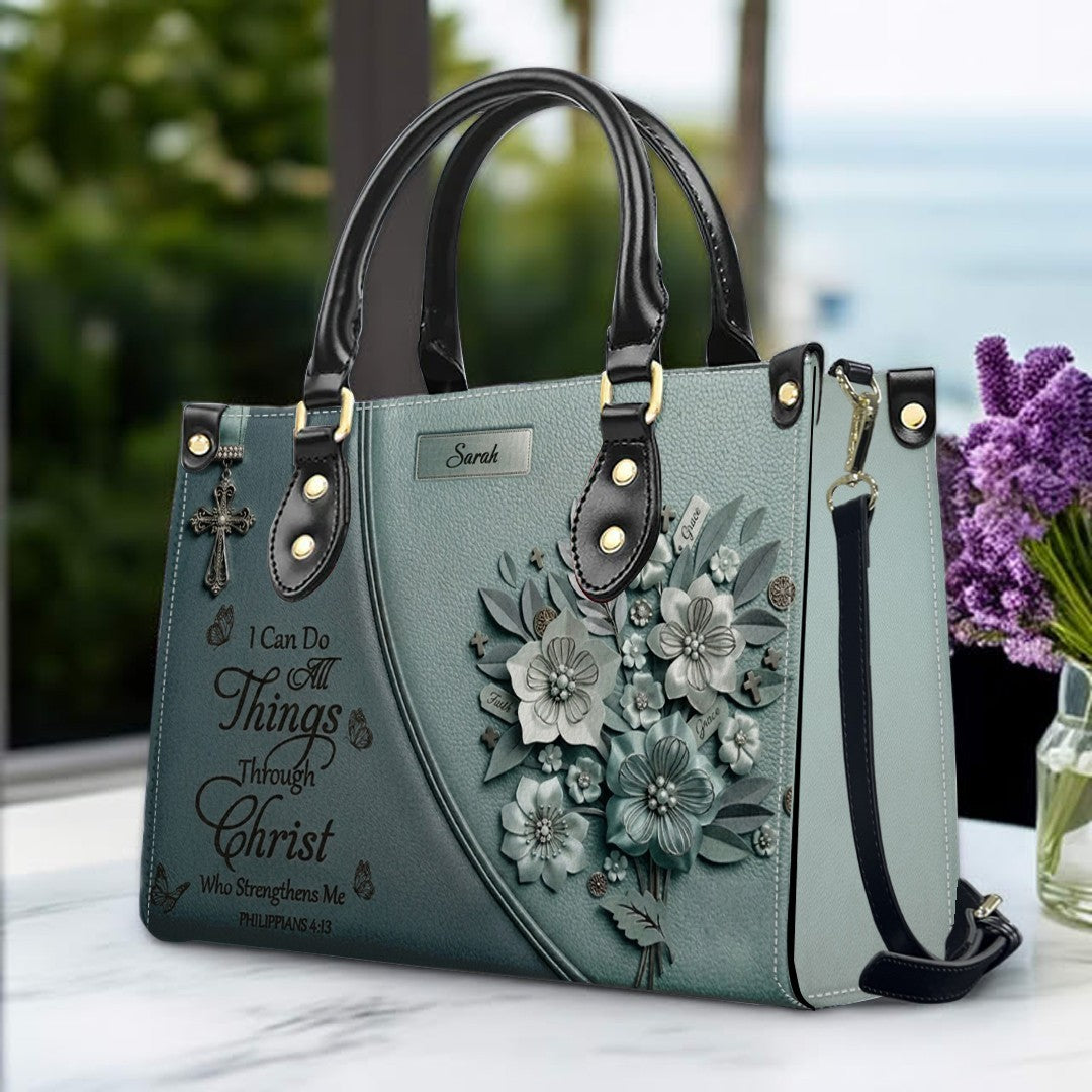 Custom Name Smoky Teal Leather Handbag | "I Can Do All Things Through Christ" Floral Design | CHRISTIANARTBAG 01070626