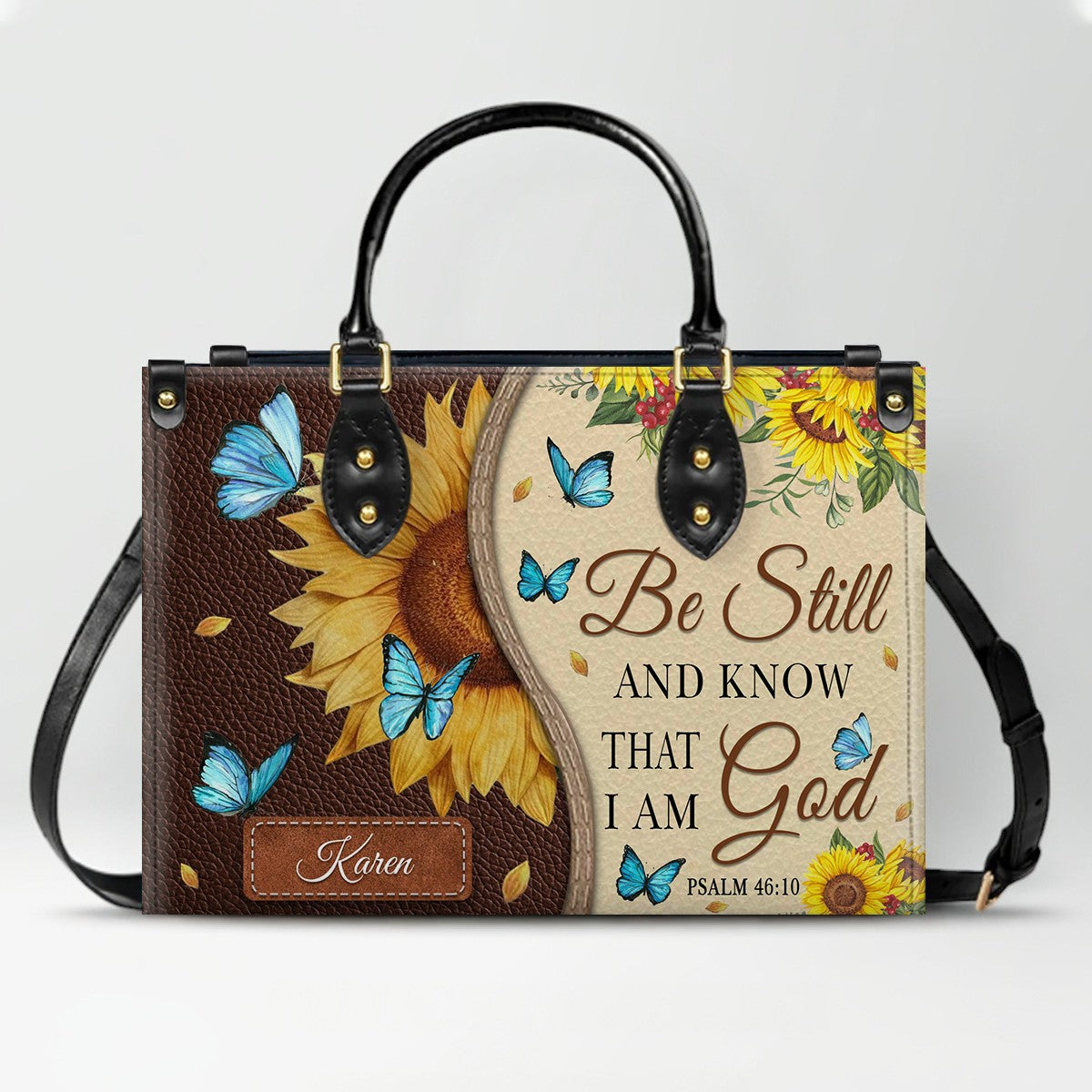 Christianart Designer Handbags, Be Still And Know That I Am God Psalm 46:10 Sunflower Butterfly, Personalized Gifts, Gifts for Women, Christmas Gift.