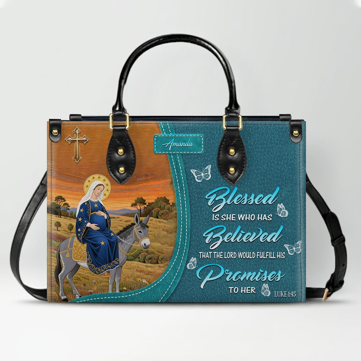 Personalized Leather Handbag for Women - Blessed Mother Art - Saffron Brown Tote by CHRISTIANARTBAG CAB01122325