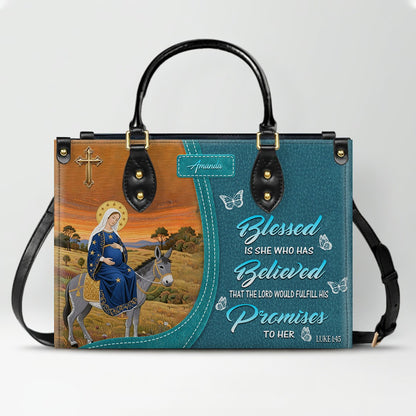 Personalized Leather Handbag for Women - Blessed Mother Art - Saffron Brown Tote by CHRISTIANARTBAG CAB01122325