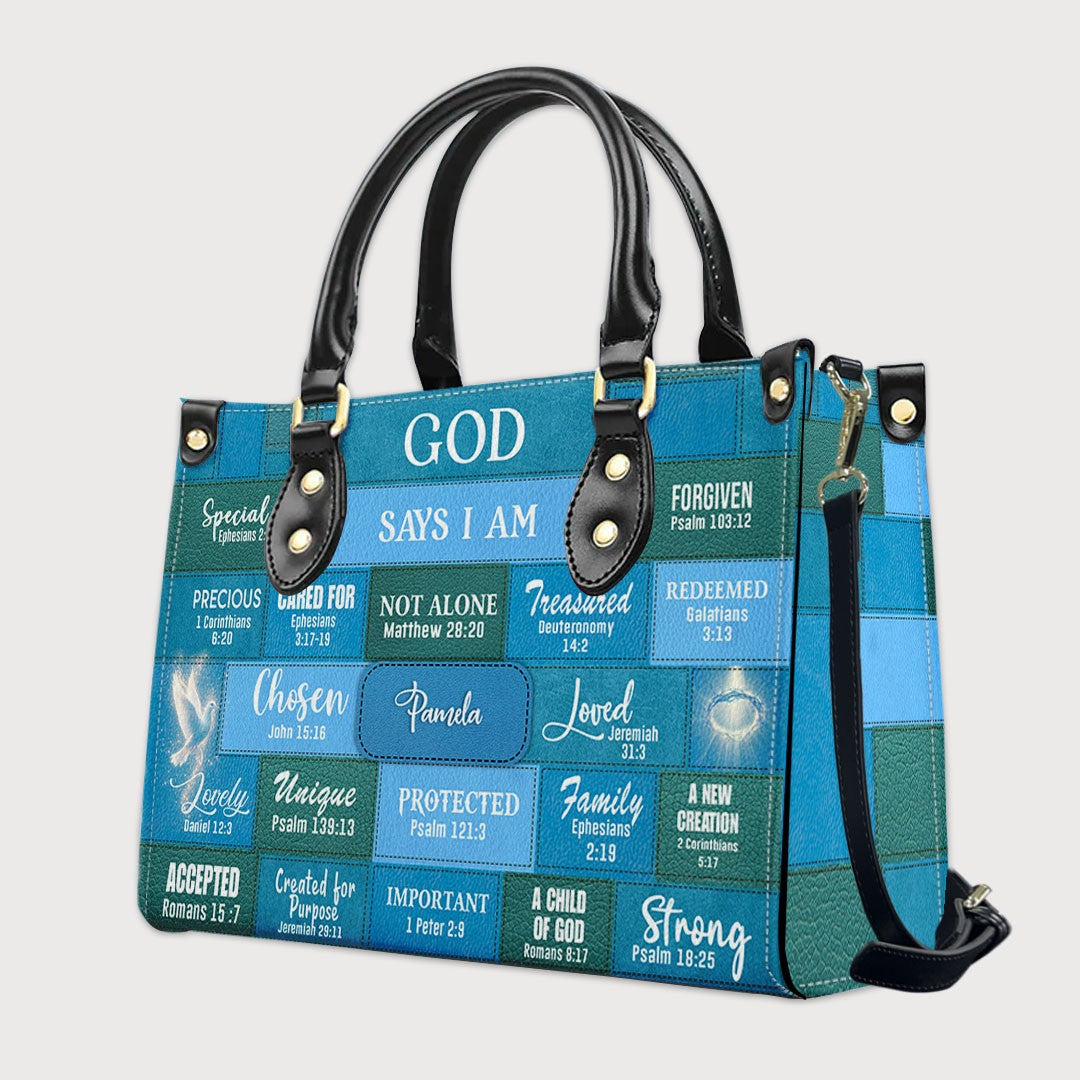 Personalized Christian Handbag – “God Says I Am” Scripture Tote Bag with Name Customization – Inspirational Bible Verse Purse for Women