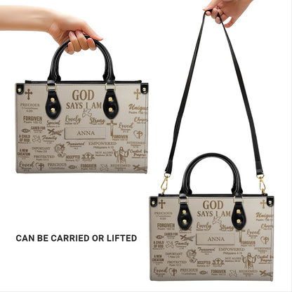 Personalized Christian Leather Handbag - Custom Name God Says I Am Bible Verse Tote Bag | CHRISTIANARTBAG 01072126