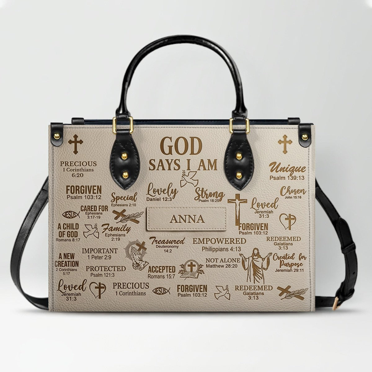 Personalized Christian Leather Handbag - Custom Name God Says I Am Bible Verse Tote Bag | CHRISTIANARTBAG 01072126