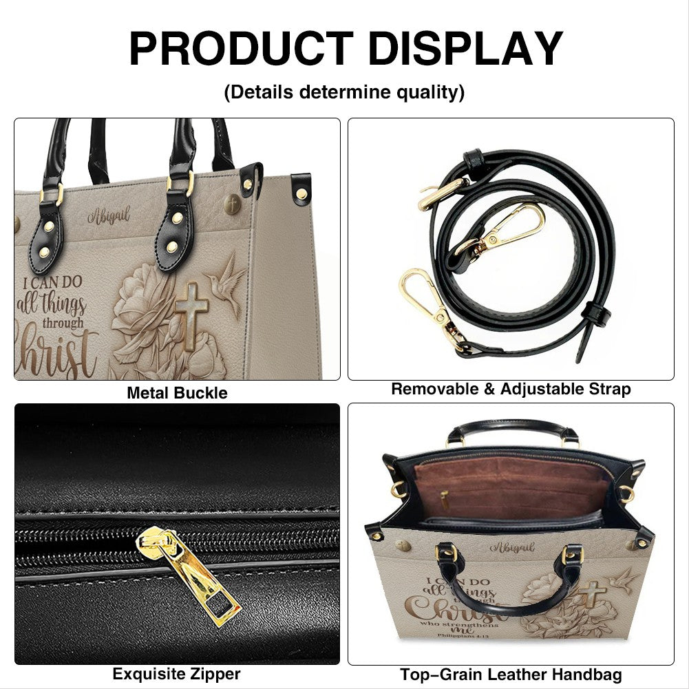 Personalized Leather Handbag for Christian Women - Custom Name "I Can Do All Things" Floral Cross Leather Purse | CHRISTIANARTBAG 01072126