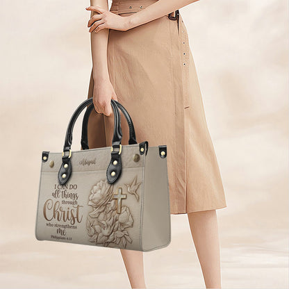 Personalized Leather Handbag for Christian Women - Custom Name "I Can Do All Things" Floral Cross Leather Purse | CHRISTIANARTBAG 01072126