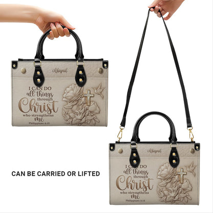 Personalized Leather Handbag for Christian Women - Custom Name "I Can Do All Things" Floral Cross Leather Purse | CHRISTIANARTBAG 01072126