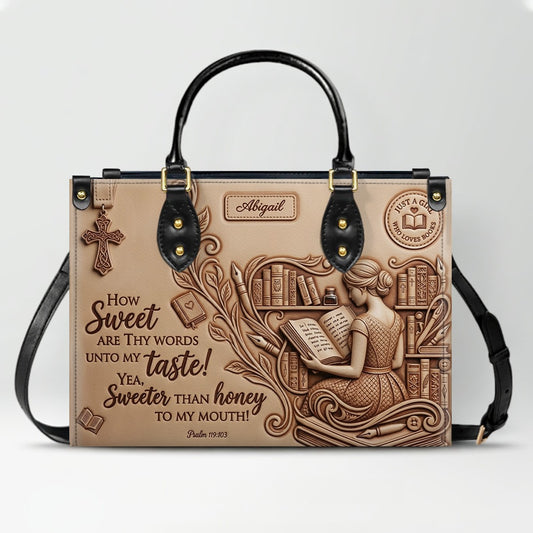 Personalized Bible Verse Leather Handbag | Scripture Psalm 119:103 Book Lover Gift | Just A Girl Who Loves Books Tote | CHRISTIANARTBAG 01072026