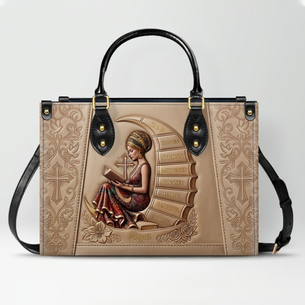 Personalized Leather Handbag for Christian Women - Custom Name, Skin Tone & Color "She Is" Affirmation Tote Bag | CHRISTIANARTBAG 01080326
