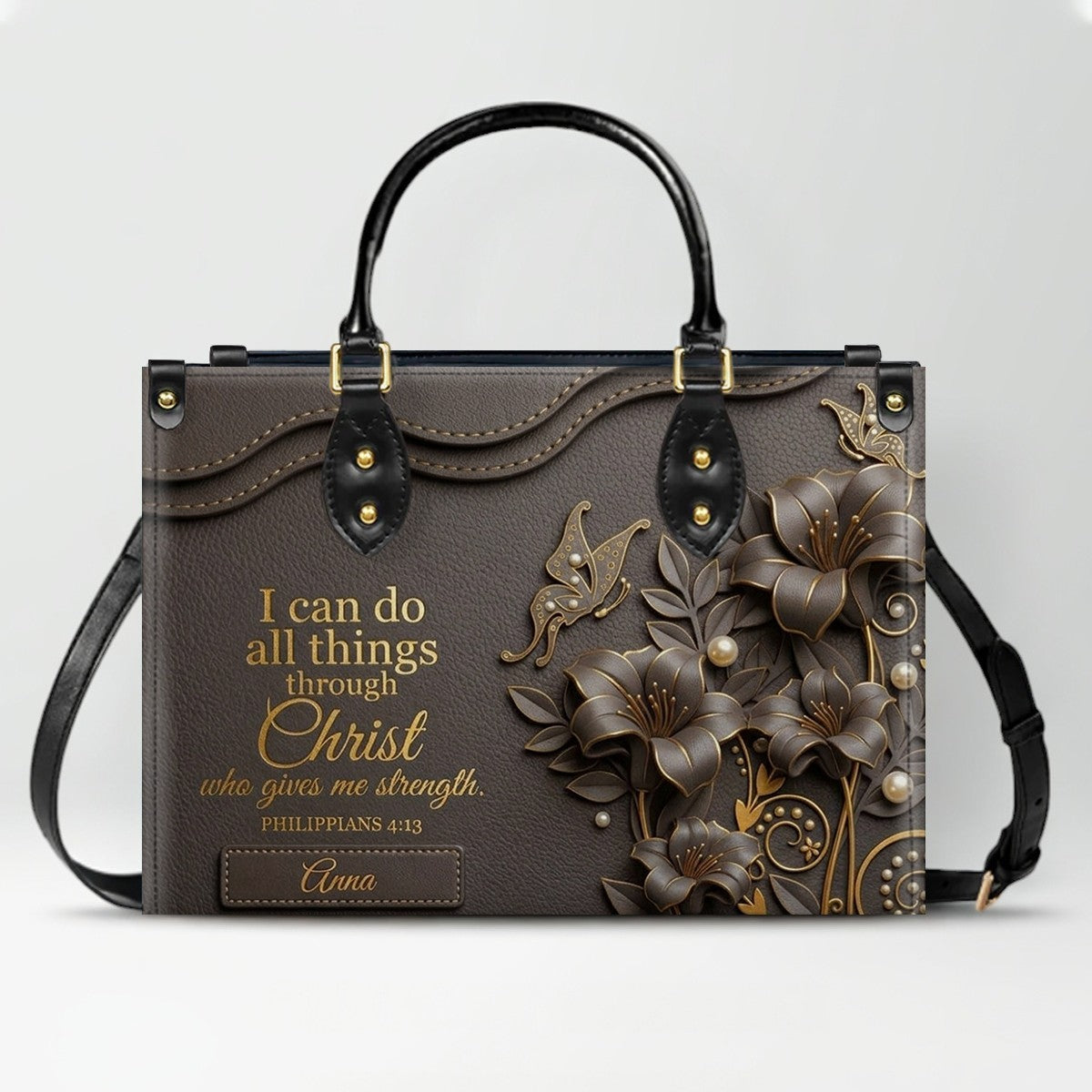 Personalized Leather Handbag - Custom Name Christian Bible Verse Philippians 4:13 Floral Butterfly Tote Bag | CHRISTIANARTBAG CA02100926