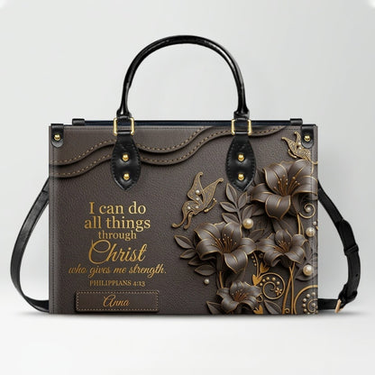 Personalized Leather Handbag - Custom Name Christian Bible Verse Philippians 4:13 Floral Butterfly Tote Bag | CHRISTIANARTBAG CA02100926