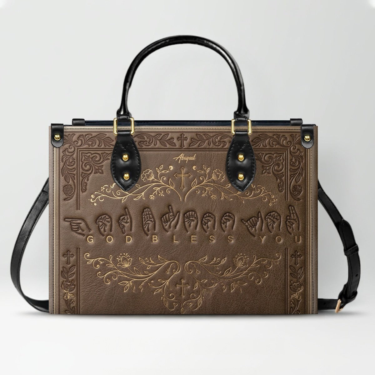 Personalized Christian ASL God Bless You Leather Handbag - Custom Name Christian Leather Tote Bag - CHRISTIANARTBAG CAB01101426