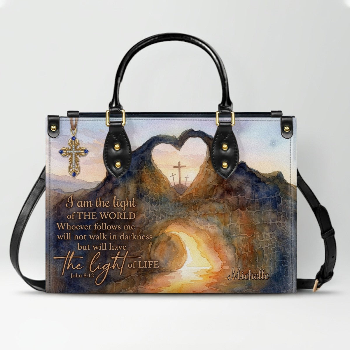 CHRISTIANARTBAG Personalized Leather Handbag - "I Am The Light of The World" John 8:12 Bible Verse Tote Bag with Cross Charm - Custom Name