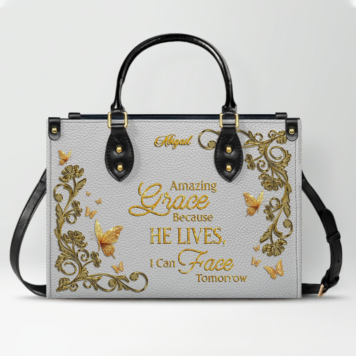 Personalized Christian Leather Handbag – Amazing Grace Because He Lives Tote, Custom Name Faith Gift for Women, Luxury Gold Foil Purse – CHRISTIANARTBAG