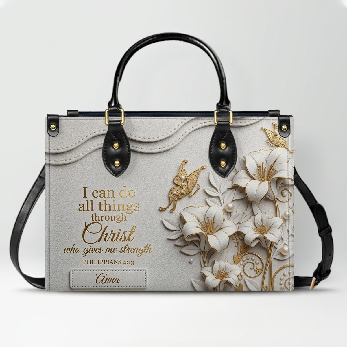 Personalized Leather Handbag - Custom Name Christian Bible Verse Philippians 4:13 Floral Butterfly Tote Bag | CHRISTIANARTBAG CA02100926