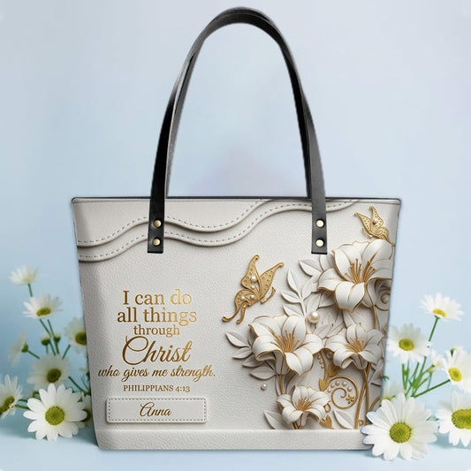 Personalized Christian Leather Tote Bag - 3D Floral Butterfly & Bible Verse Philippians 4:13 | Custom Name & Color - CHRISTIANARTBAG CAB01101326